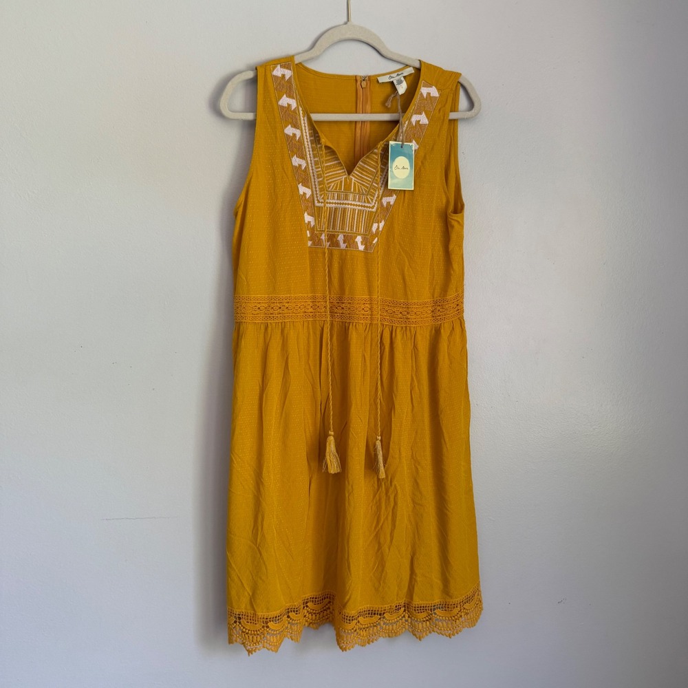 NWT Ella Moon Womens Mustard Yellow Embroidered Crochet Lace Boho Rayon Dress L